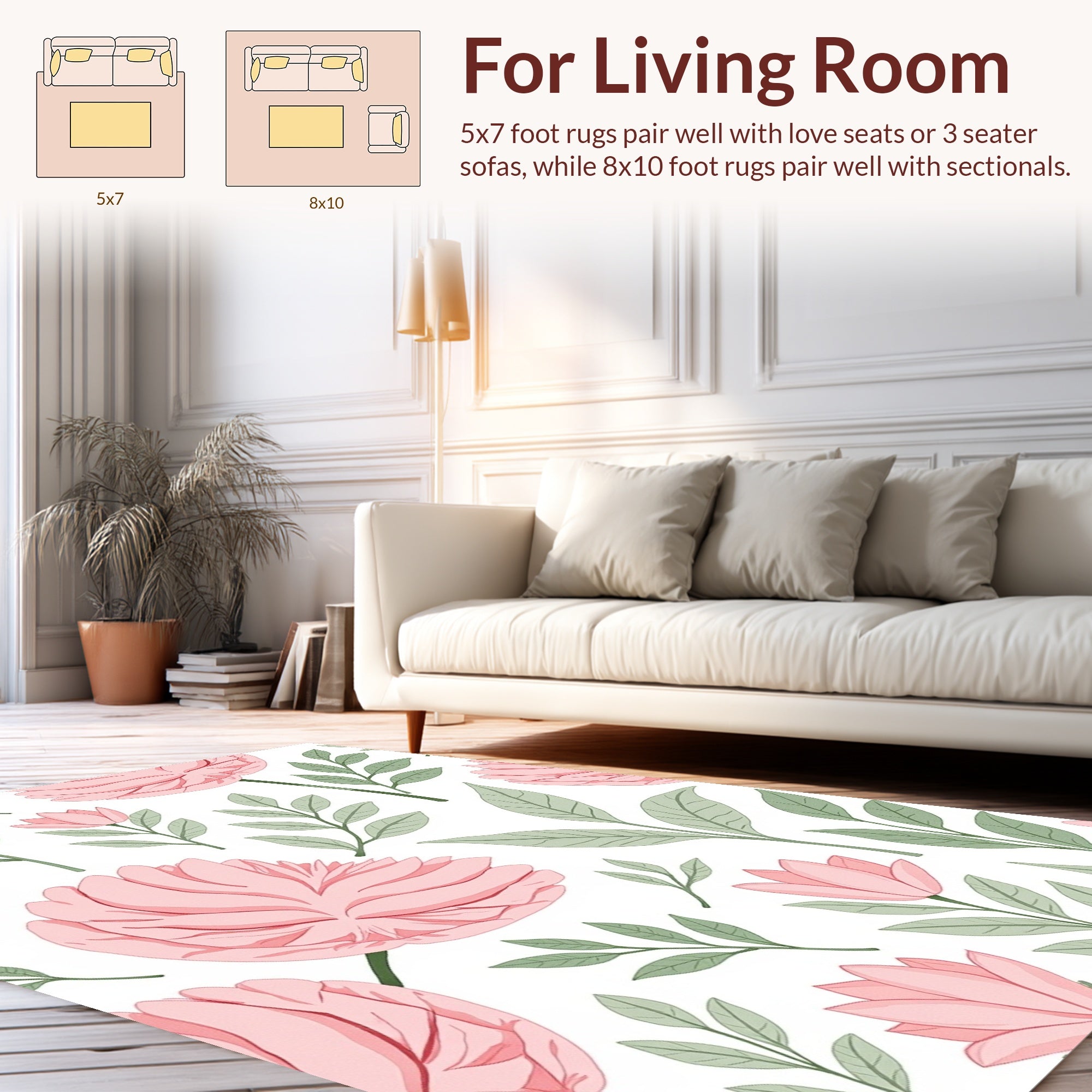 Pink Floral Branches Leaves Pattern Rug