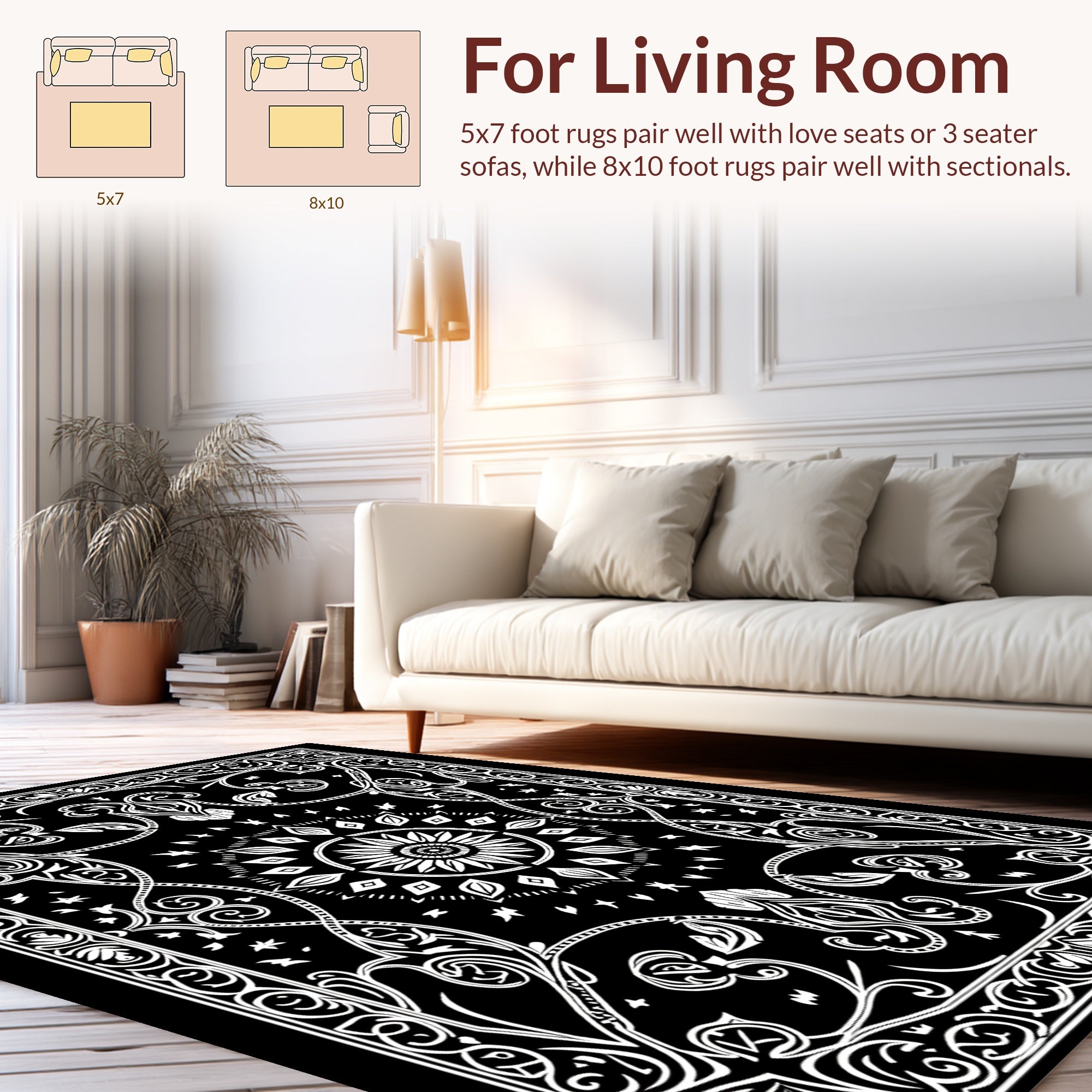 Black White Mandala Floral Design Rug