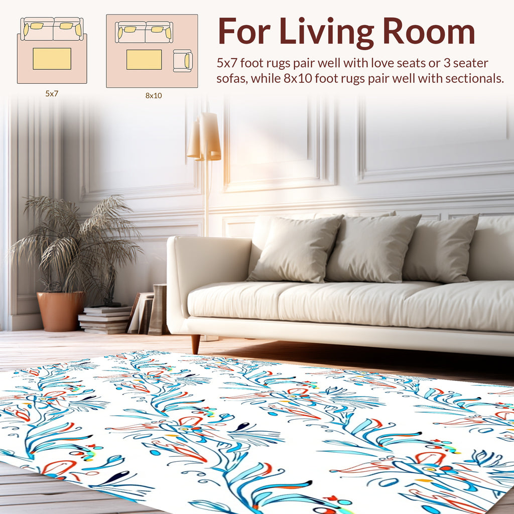 Whimsical Blue Coral Floral Scroll Rug