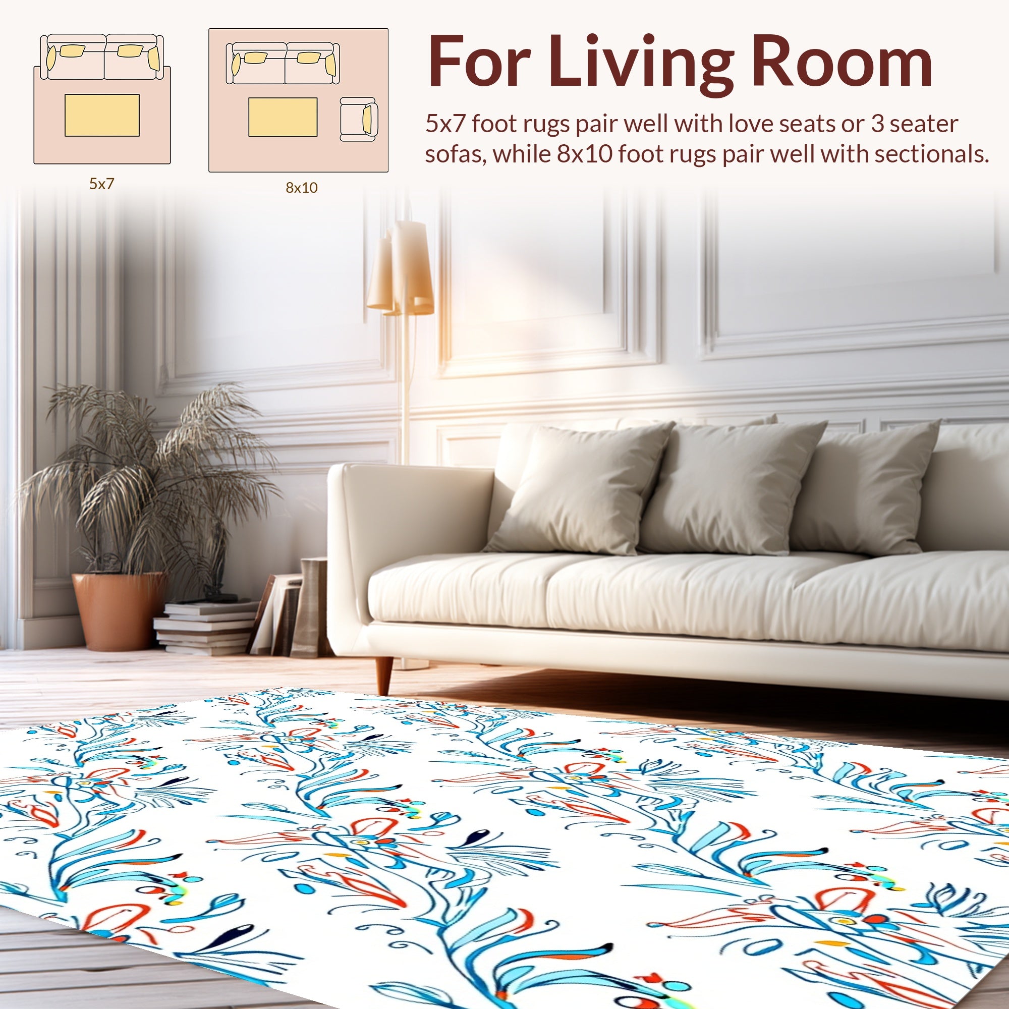 Whimsical Blue Coral Floral Scroll Rug