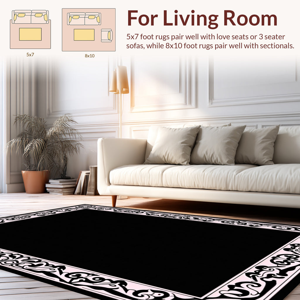 Elegant Black White Floral Border Design Rug