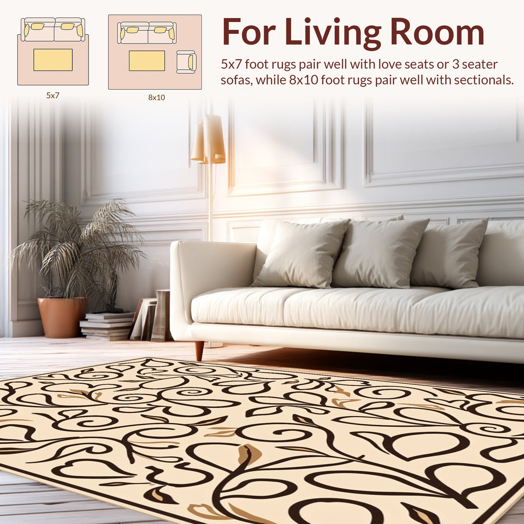 Elegant Brown Leaf Scroll Vine Design Rug