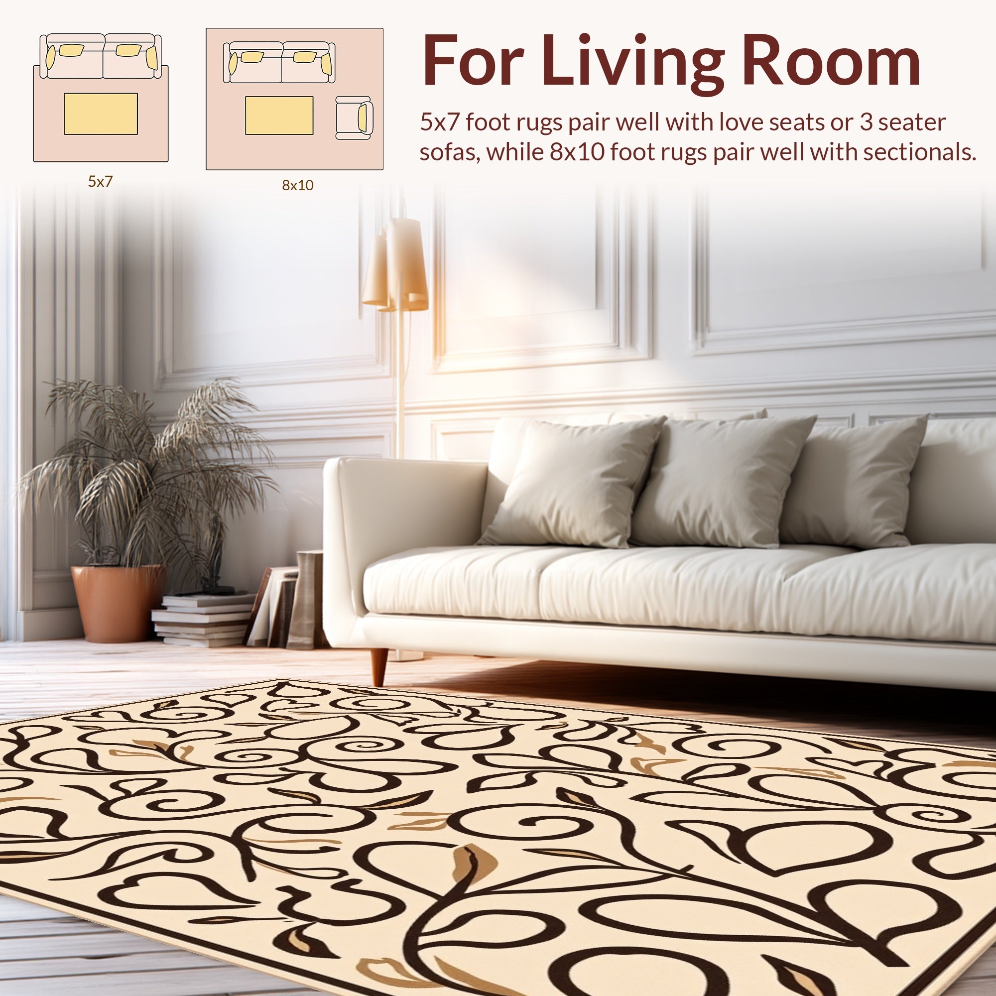 Elegant Brown Leaf Scroll Vine Design Rug