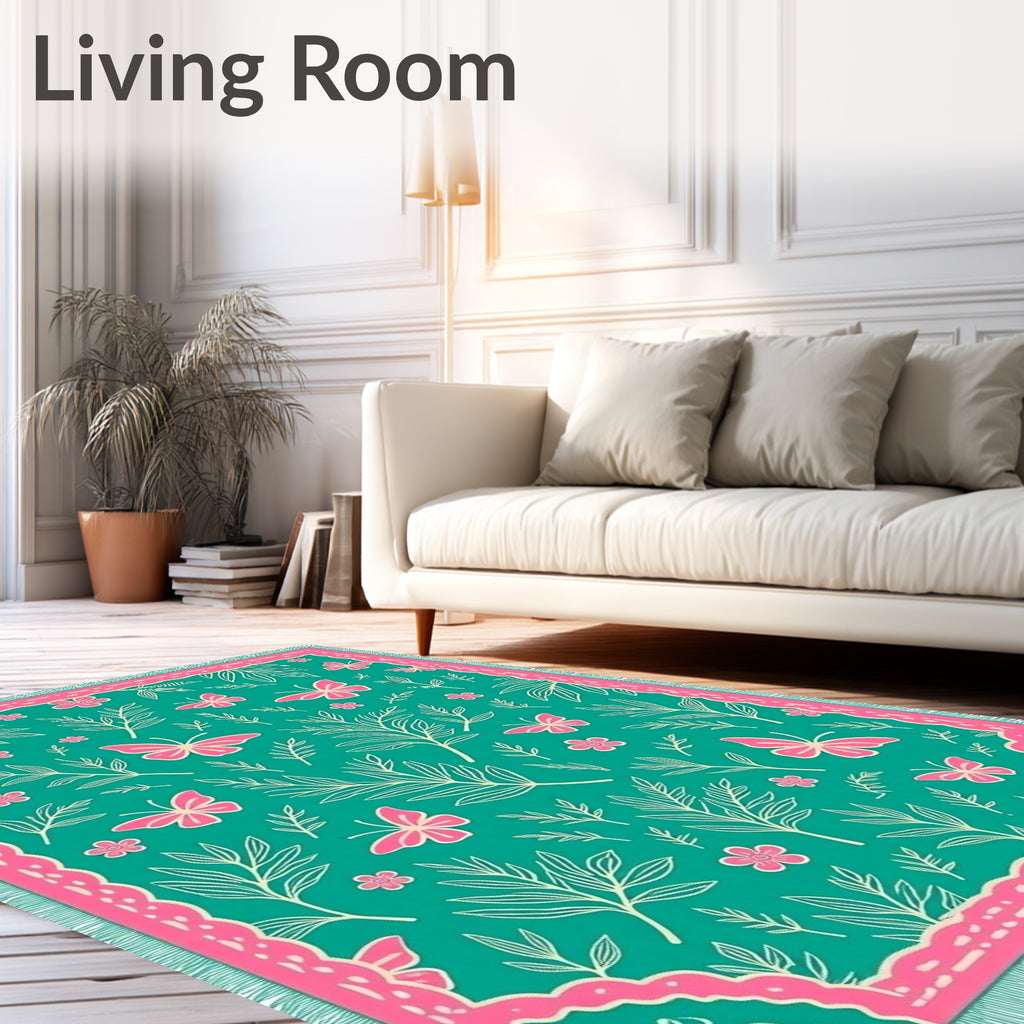 Teal Pink Butterfly Foliage Garden Rug