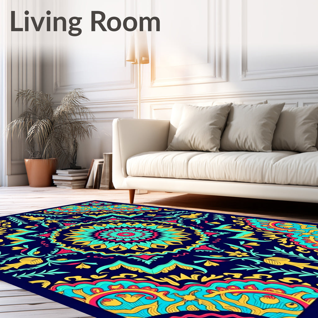 Vibrant Teal Coral Sunburst Medallion Rug