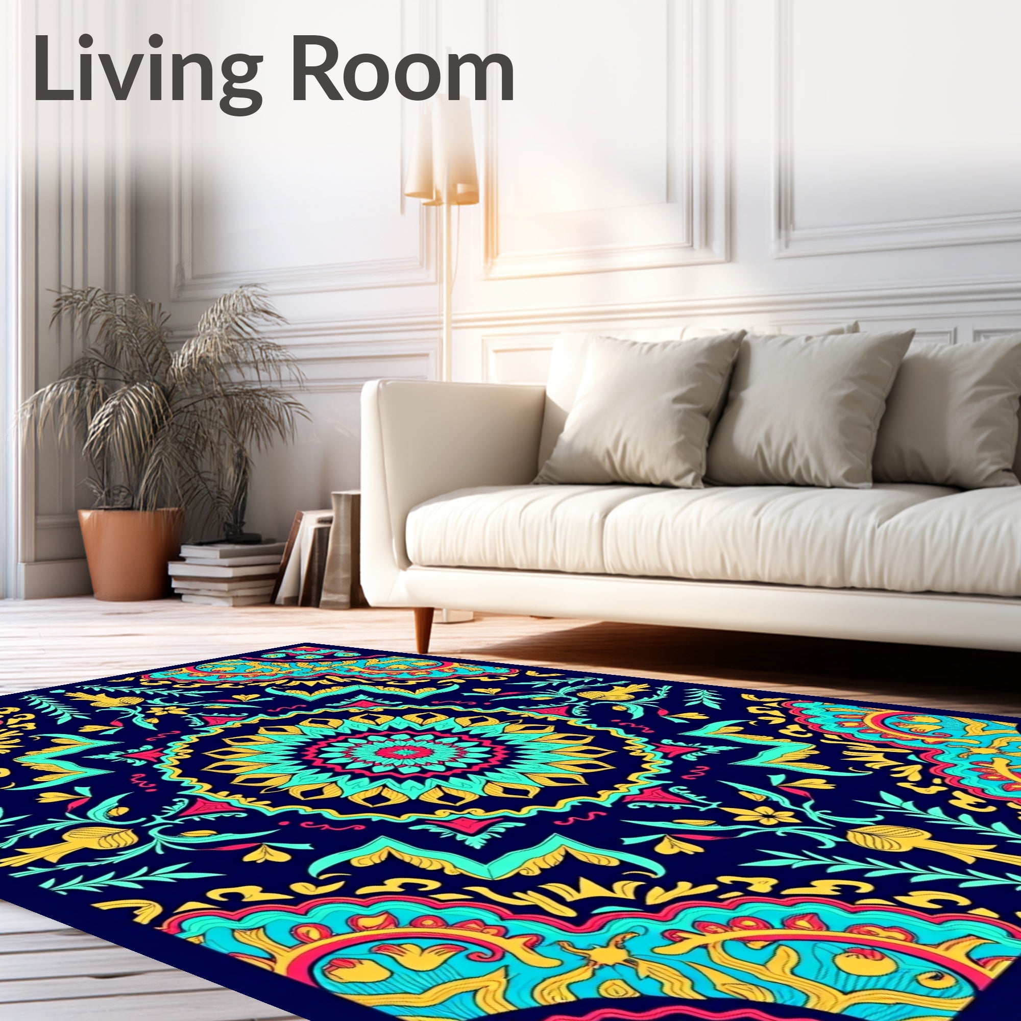 Vibrant Teal Coral Sunburst Medallion Rug