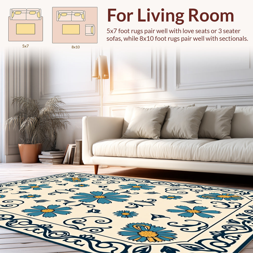 Floral Vines Beige Blue Pattern Rug
