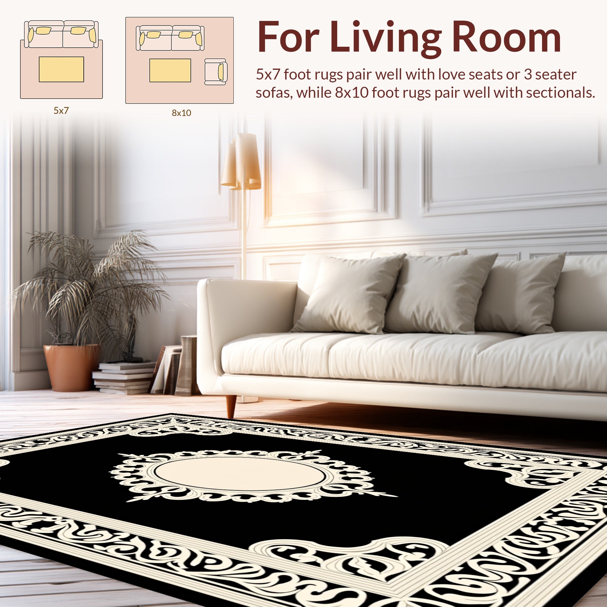 Ornate Cream Scrollwork Frame Pattern Rug