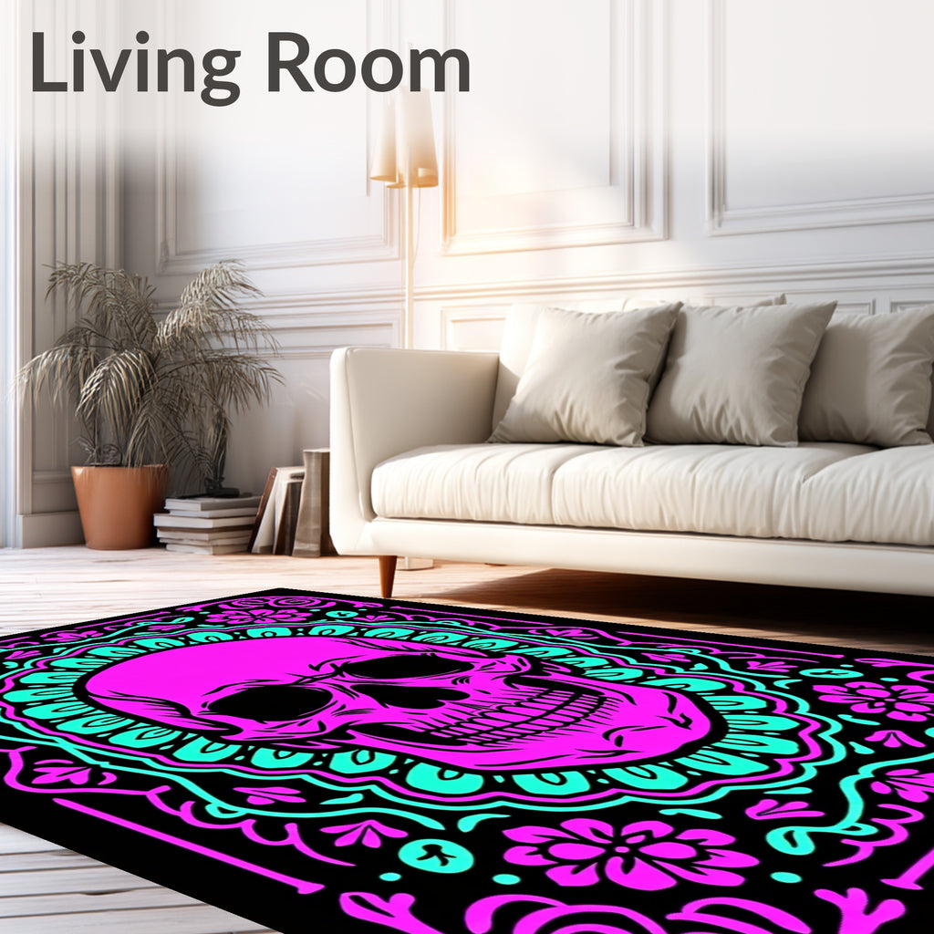 Bright Pink Skull Floral Round Rug