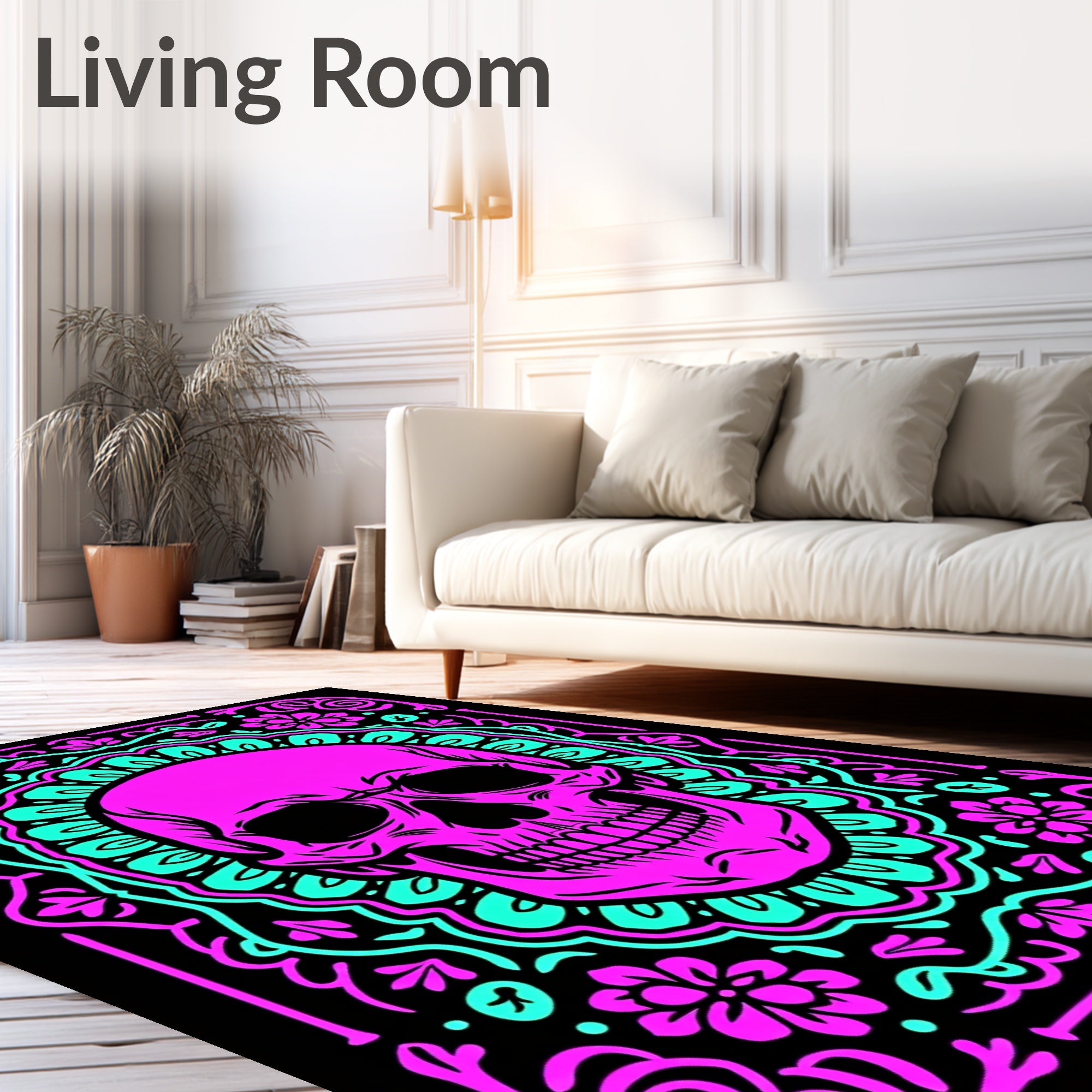 Bright Pink Skull Floral Round Rug