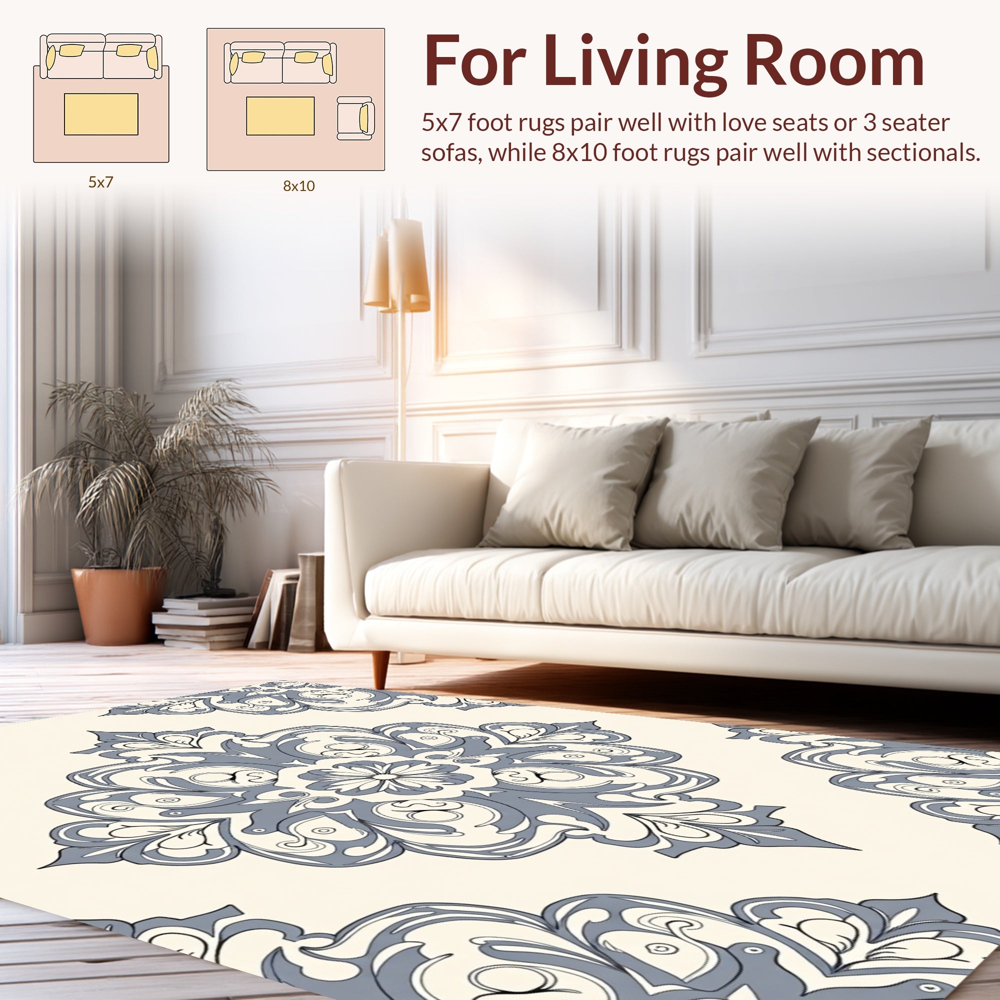 Elegant Ivory Blue Damask Pattern Rug