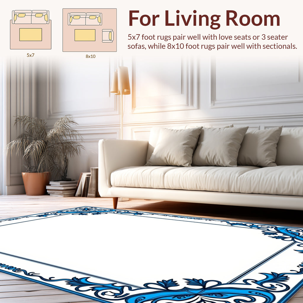 Blue Floral Swirl Elegant Scroll Frame Rug