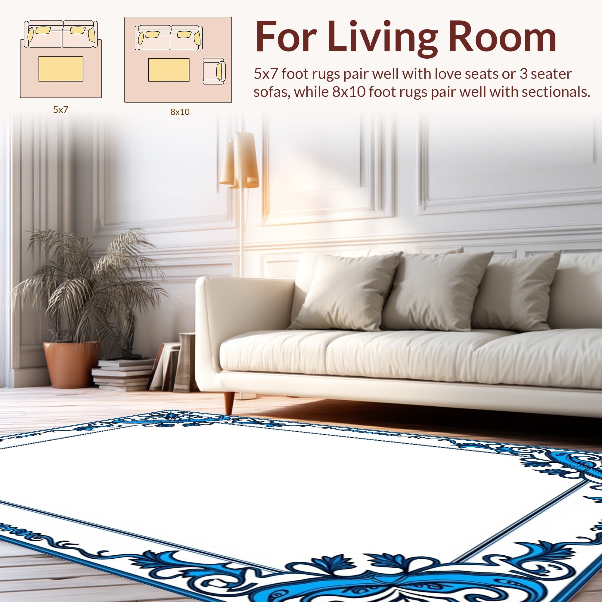 Blue Floral Swirl Elegant Scroll Frame Rug