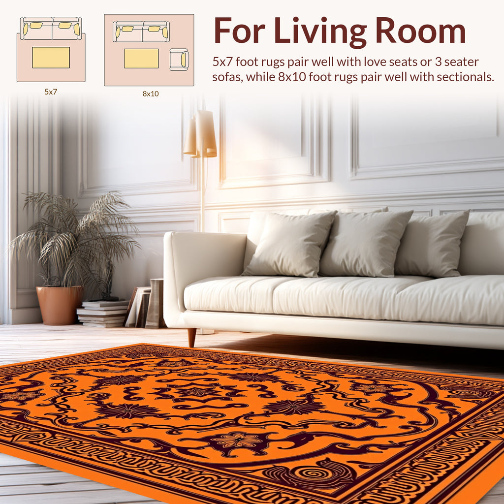 Orange Black Floral Medallion Pattern Rug