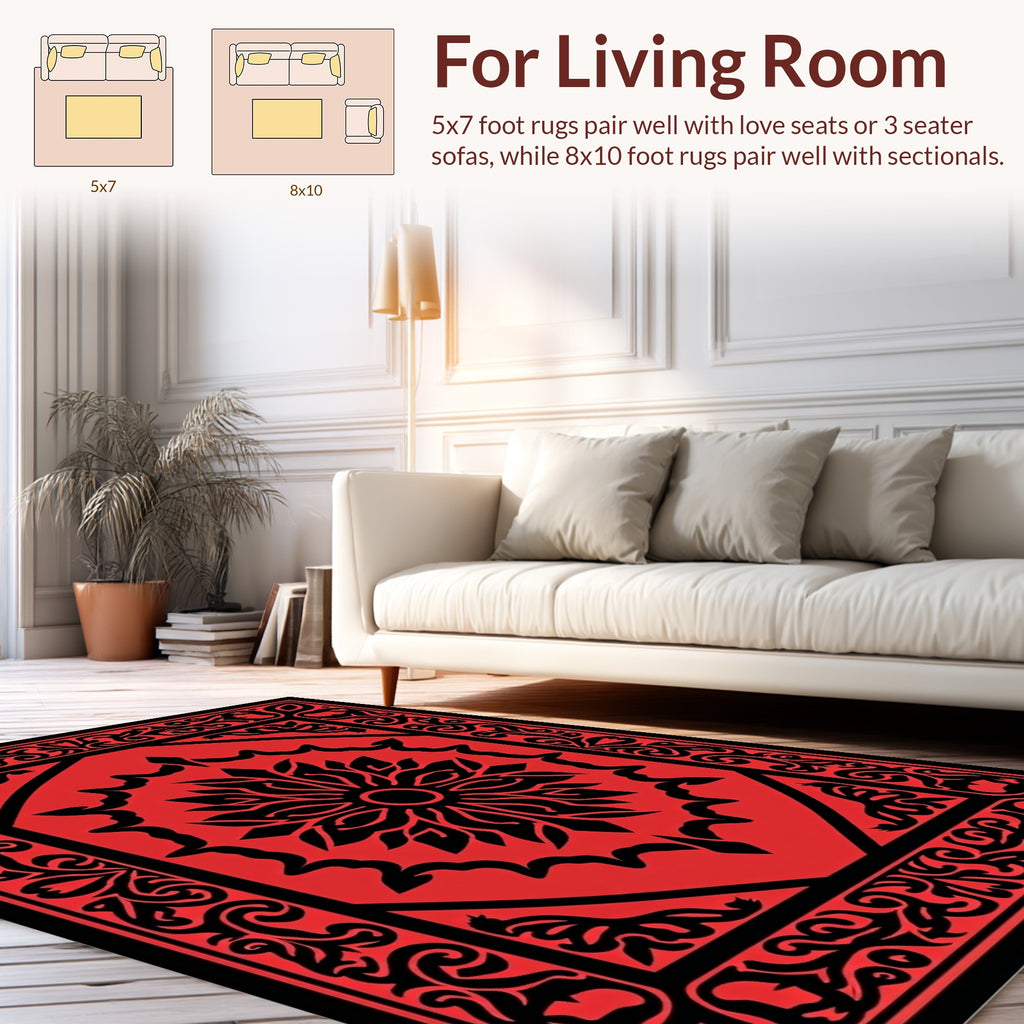 Red Black Floral Symmetry Rug