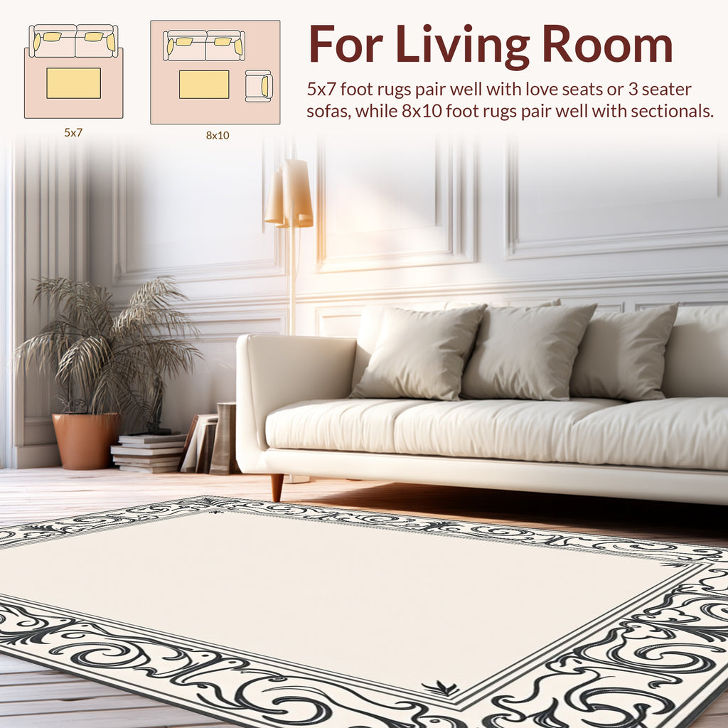 Ornate Scrollwork Black Border Design Rug