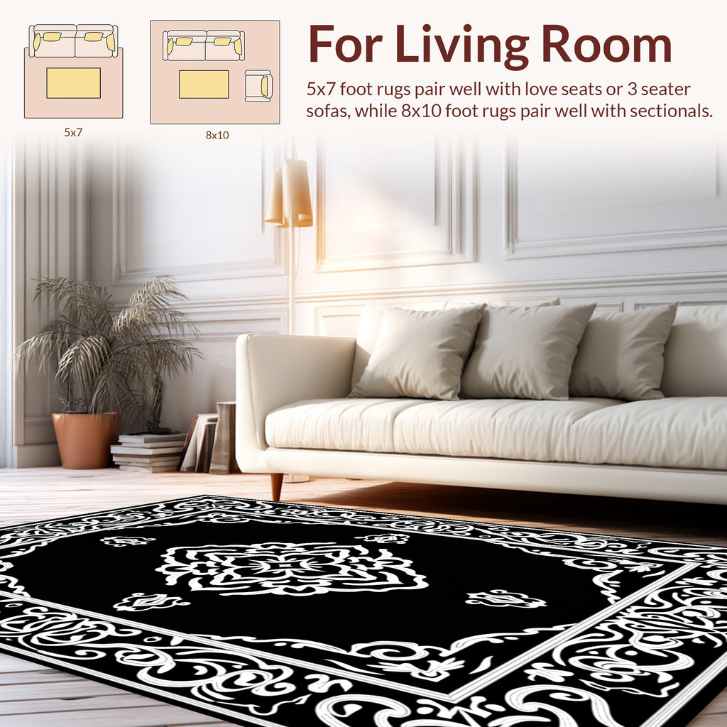 Black White Ornate Floral Rug
