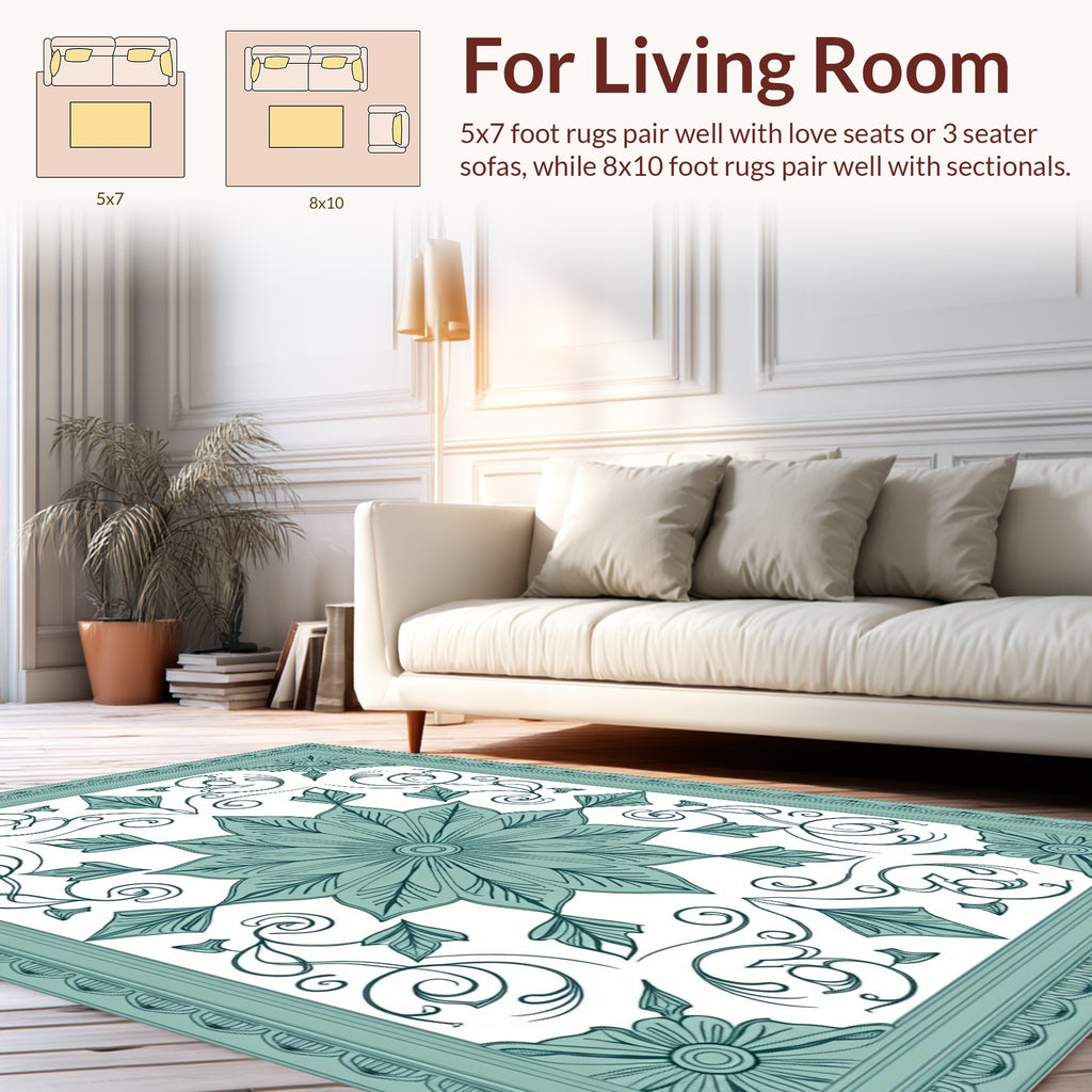 Artistic Teal Floral Swirl Pattern Rug