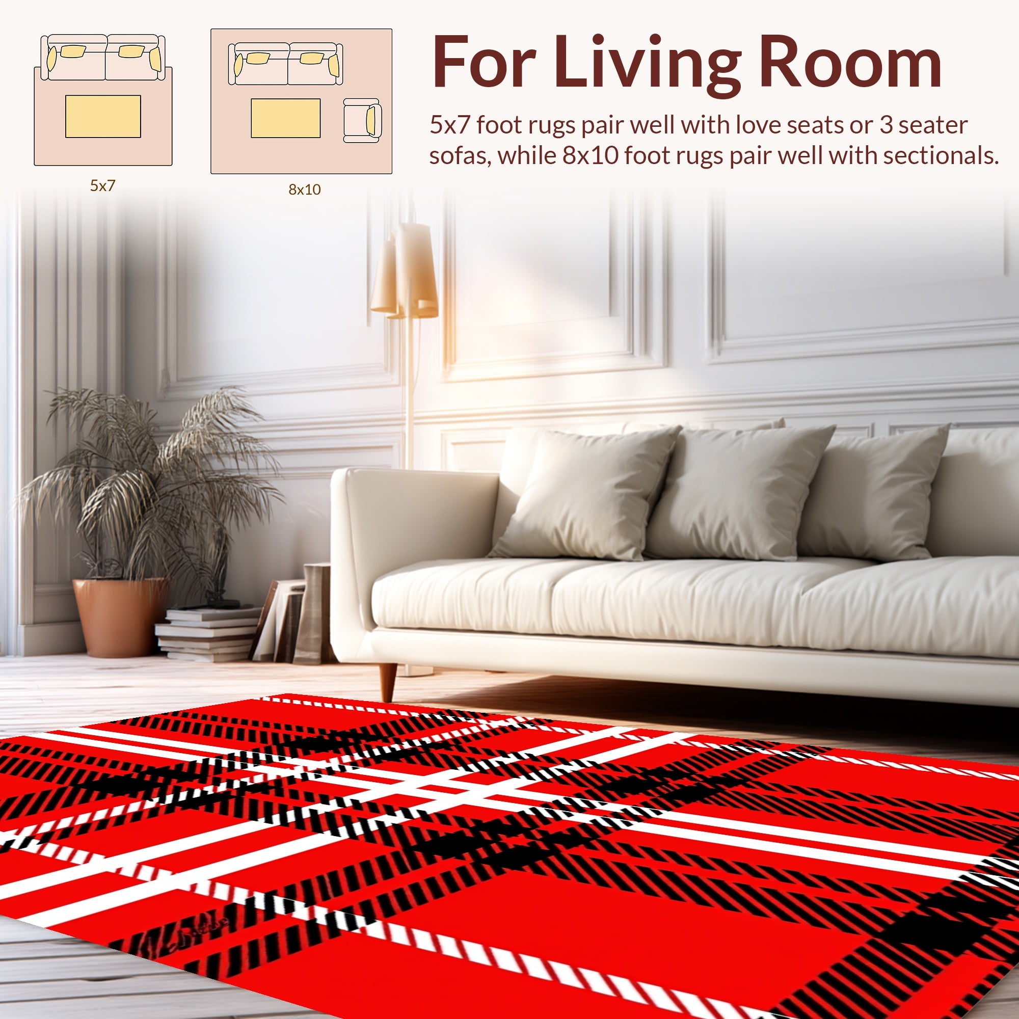 Classic Red Black White Plaid Design Rug