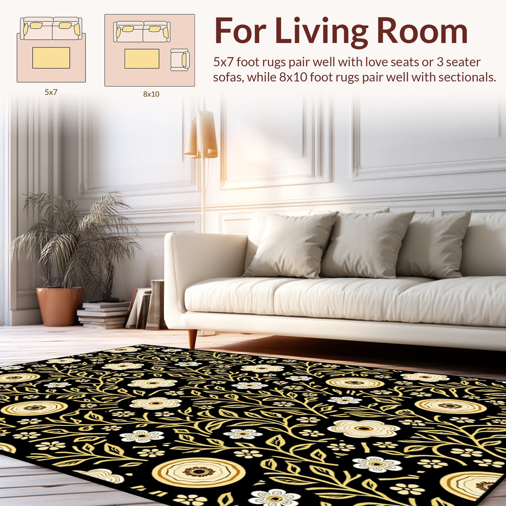 Elegant Floral Vines Black Gold Rug