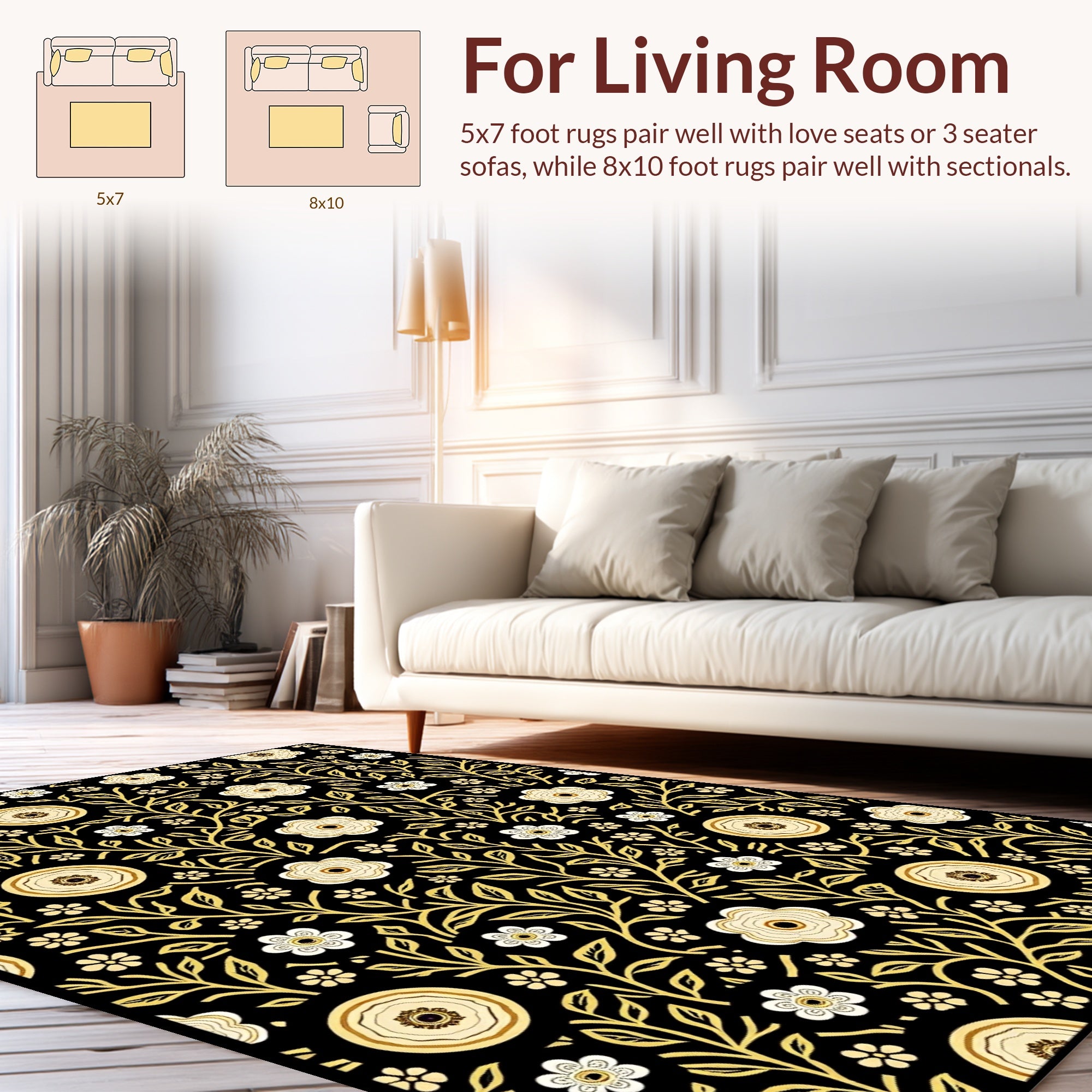 Elegant Floral Vines Black Gold Rug