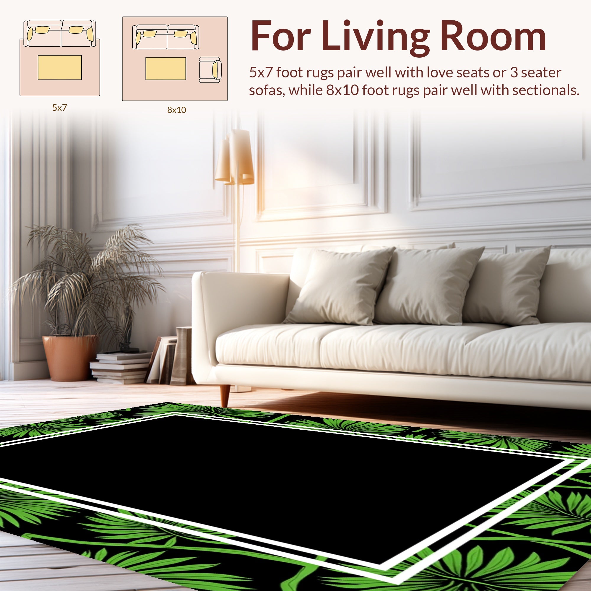 Tropical Leaf Pattern Black Frame Rug