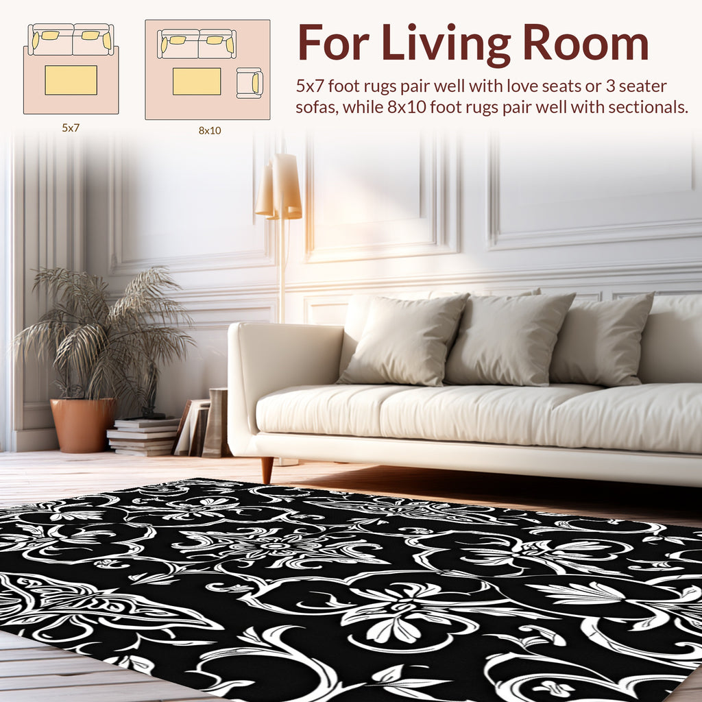 Classic Floral Paisley White On Black Rug