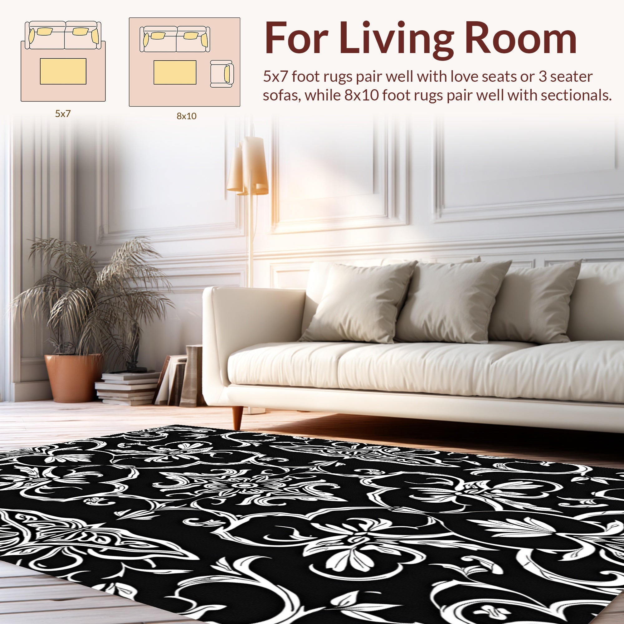Classic Floral Paisley White On Black Rug
