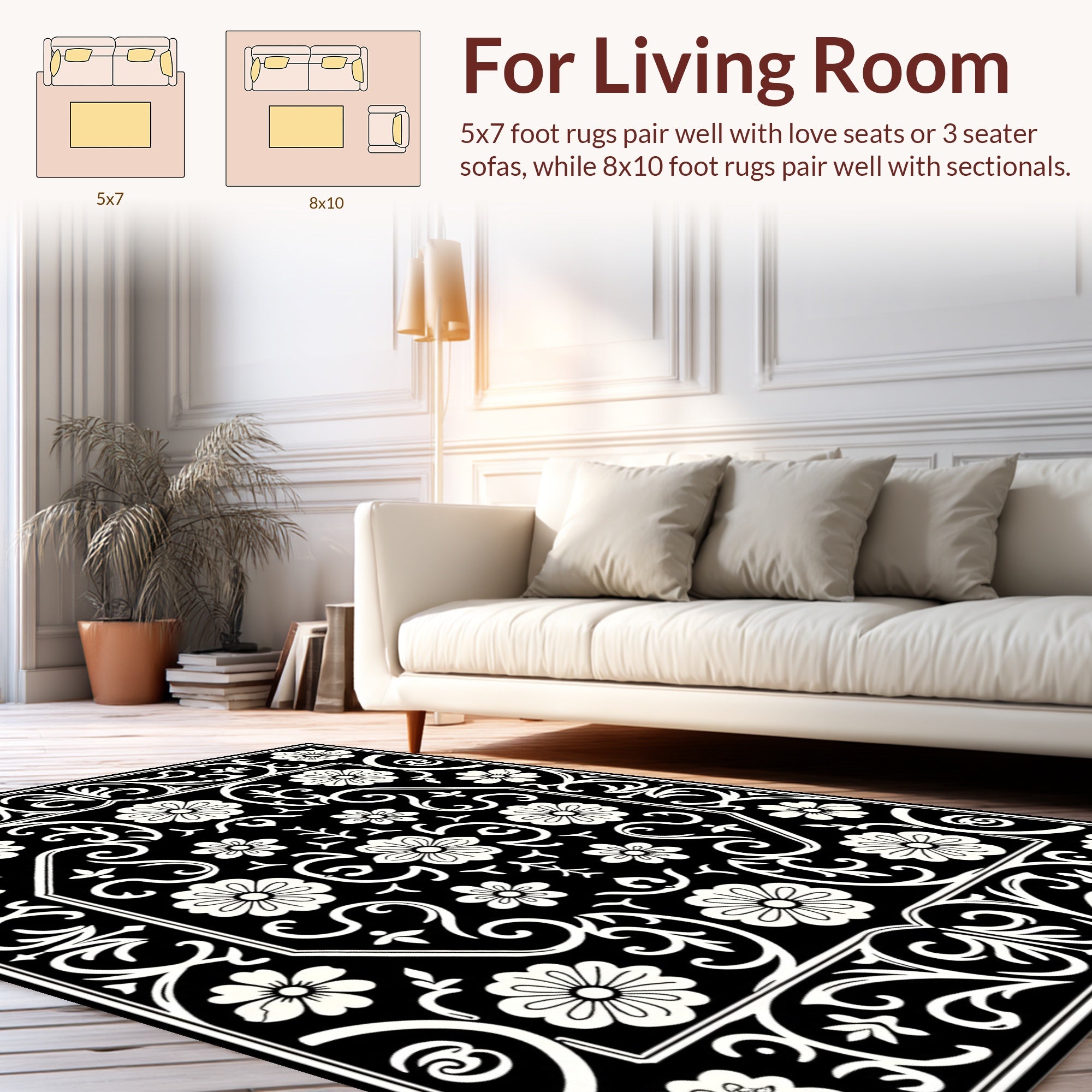 Classic Black White Floral Medallion Rug