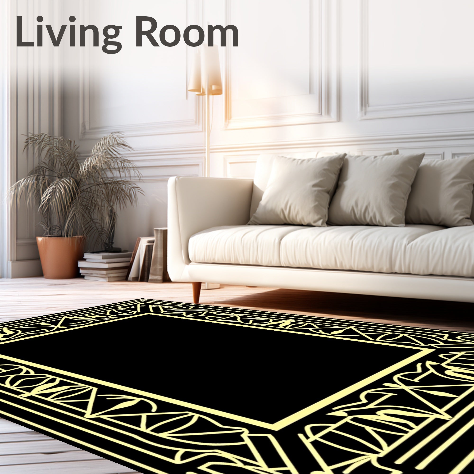 Pale Yellow Art Deco Geometric Border Rug