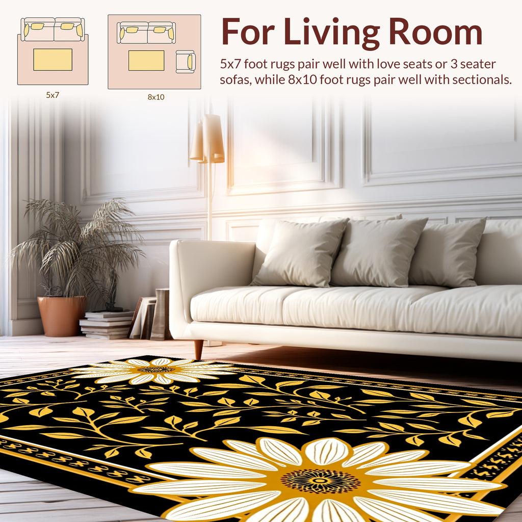 Golden Floral Vines And Daisy Pattern Rug