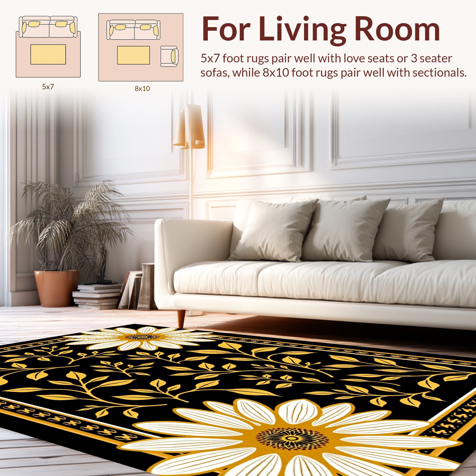 Golden Floral Vines And Daisy Pattern Rug