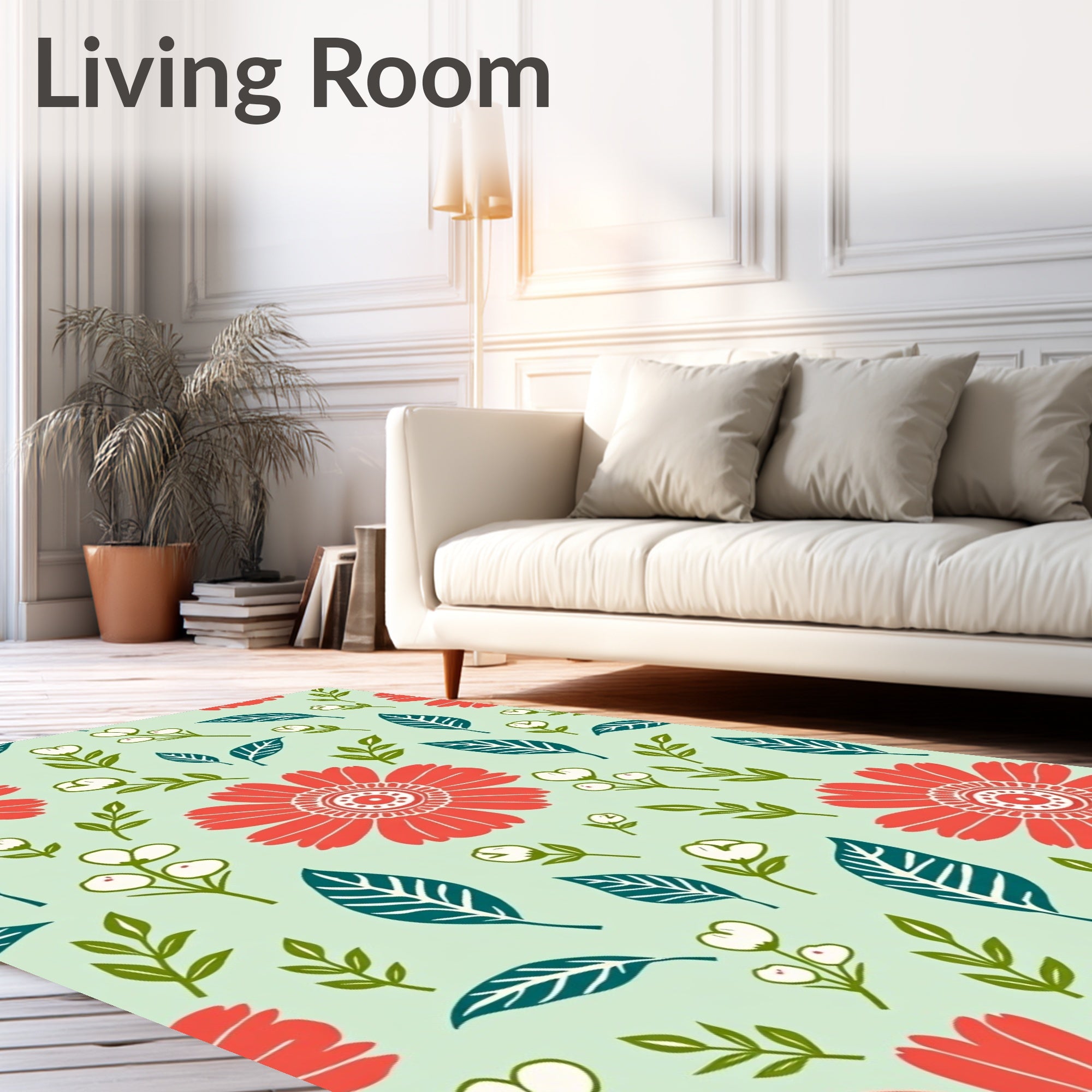 Coral And Teal Floral Botanical Pattern Rug