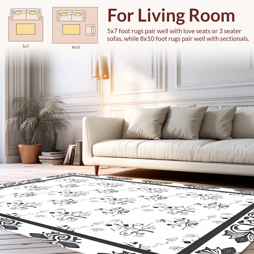 Black White Botanical Outline Pattern Rug