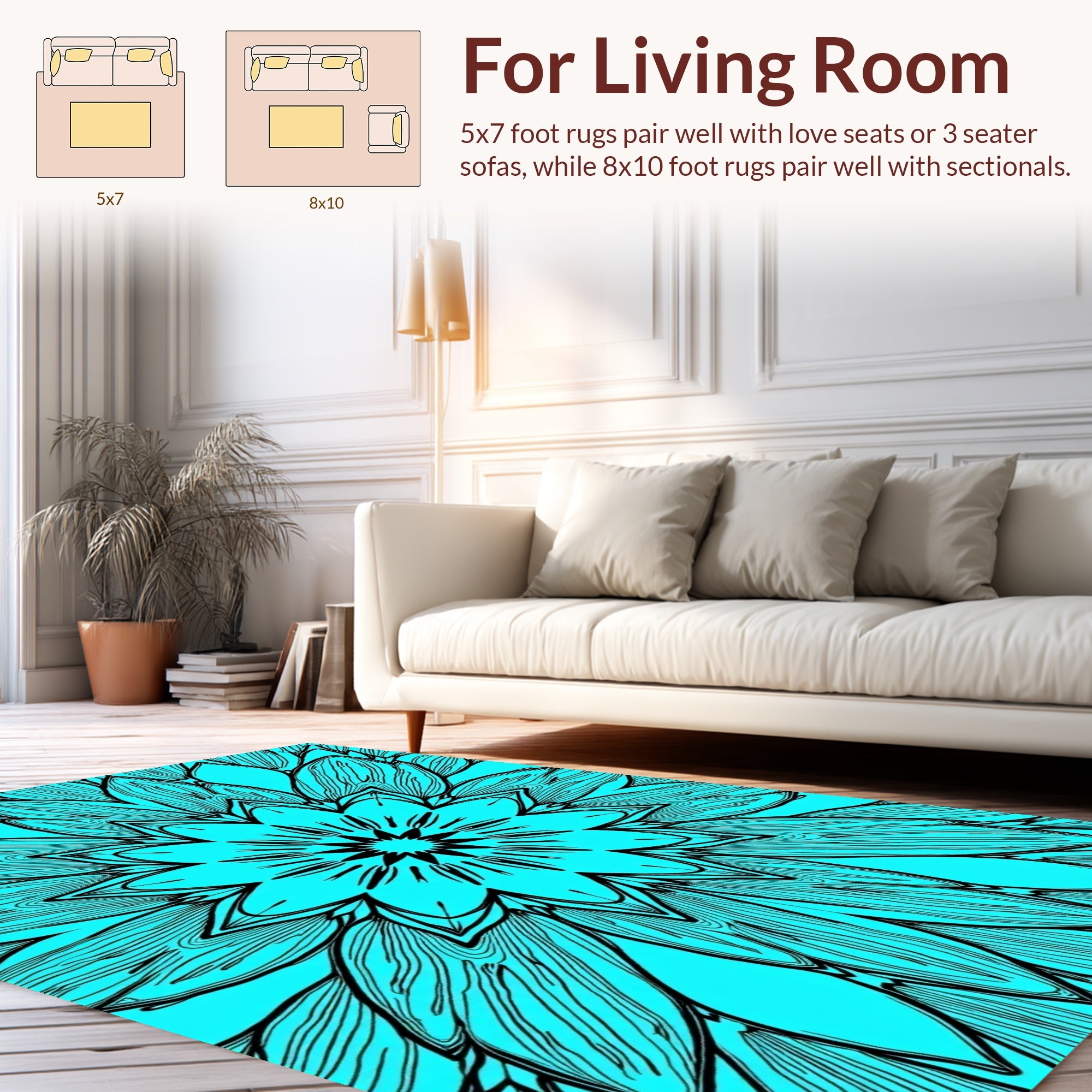 Vibrant Teal Floral Mandala Pattern Rug