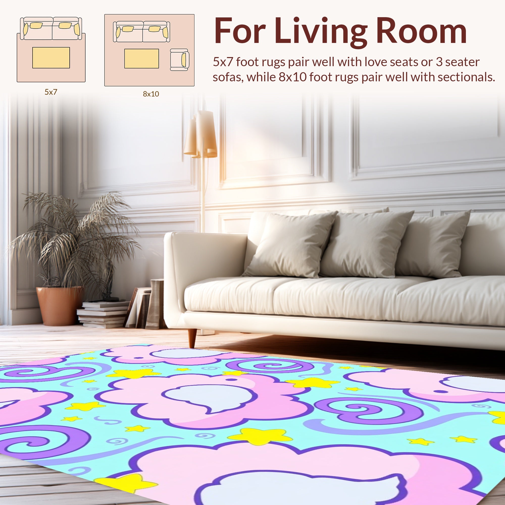 Whimsical Pink Cloud Star Swirl Rug