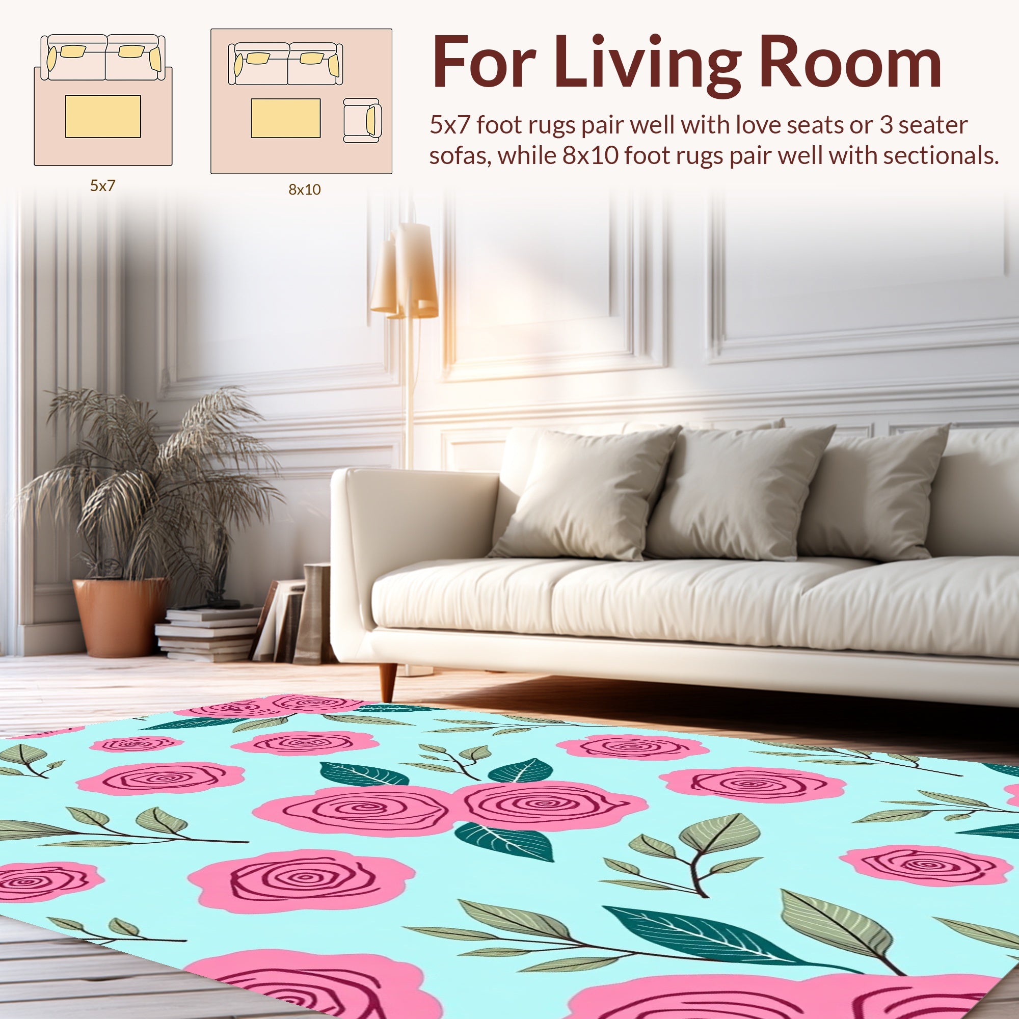 Pink Roses With Green Leaves Pattern Rug