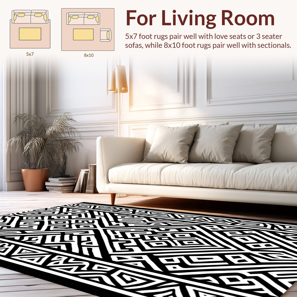 Bold Black White Geometric Maze Design Rug