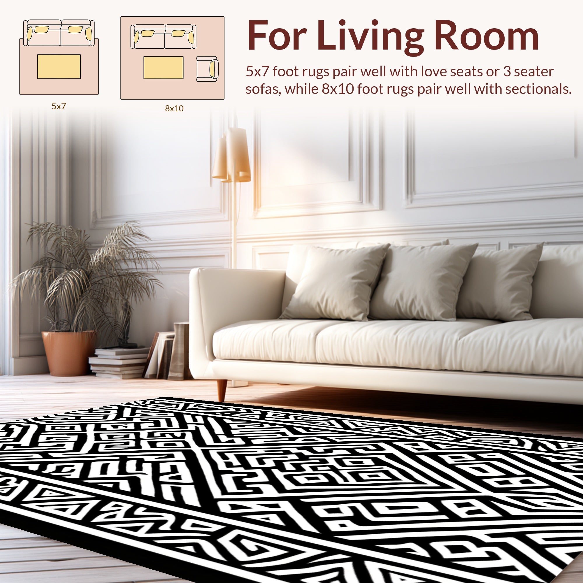 Bold Black White Geometric Maze Design Rug