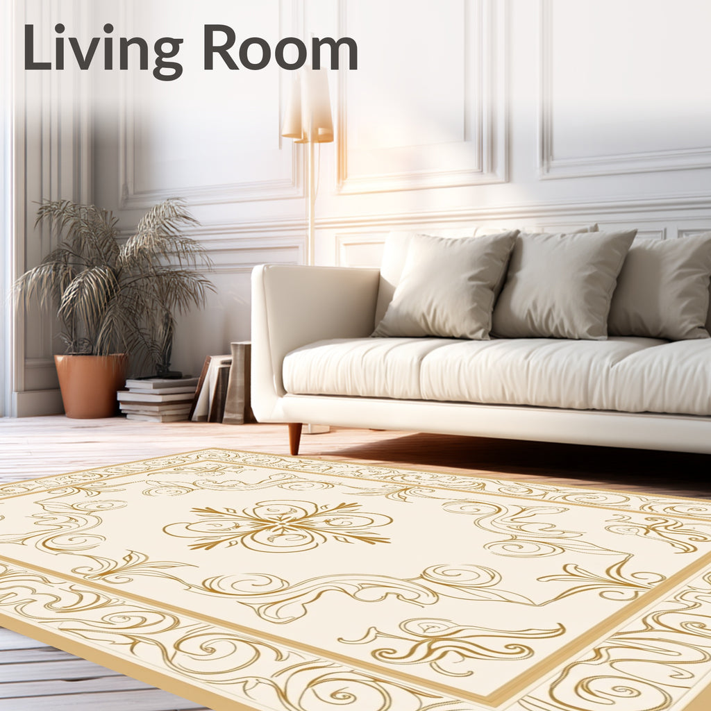 Elegant Cream Gold Floral Scroll Rug