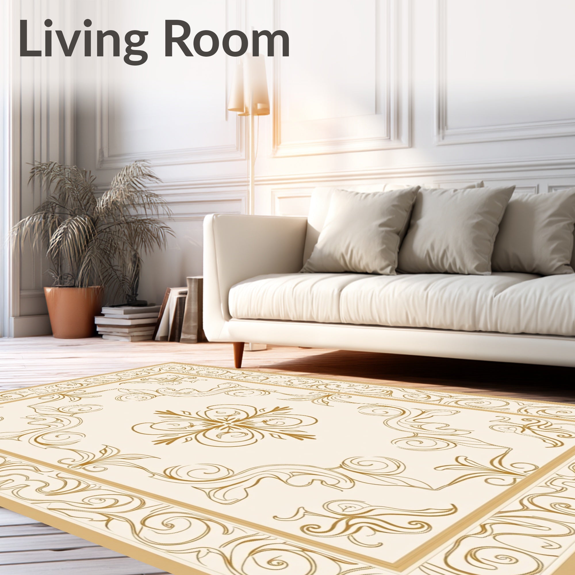 Elegant Cream Gold Floral Scroll Rug