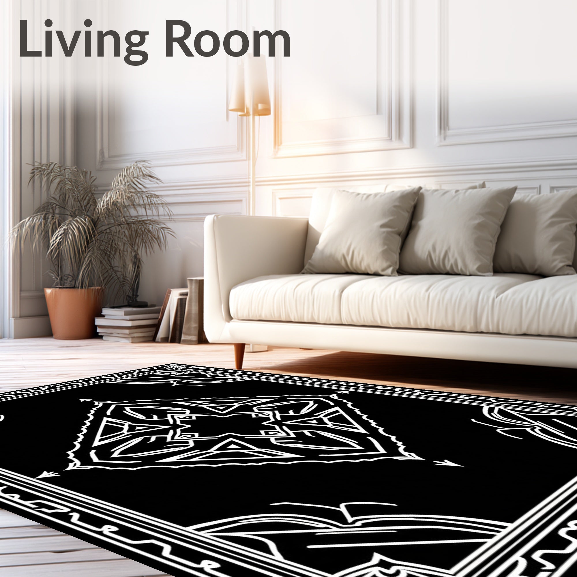Ornate Black White Tribal Design Rug
