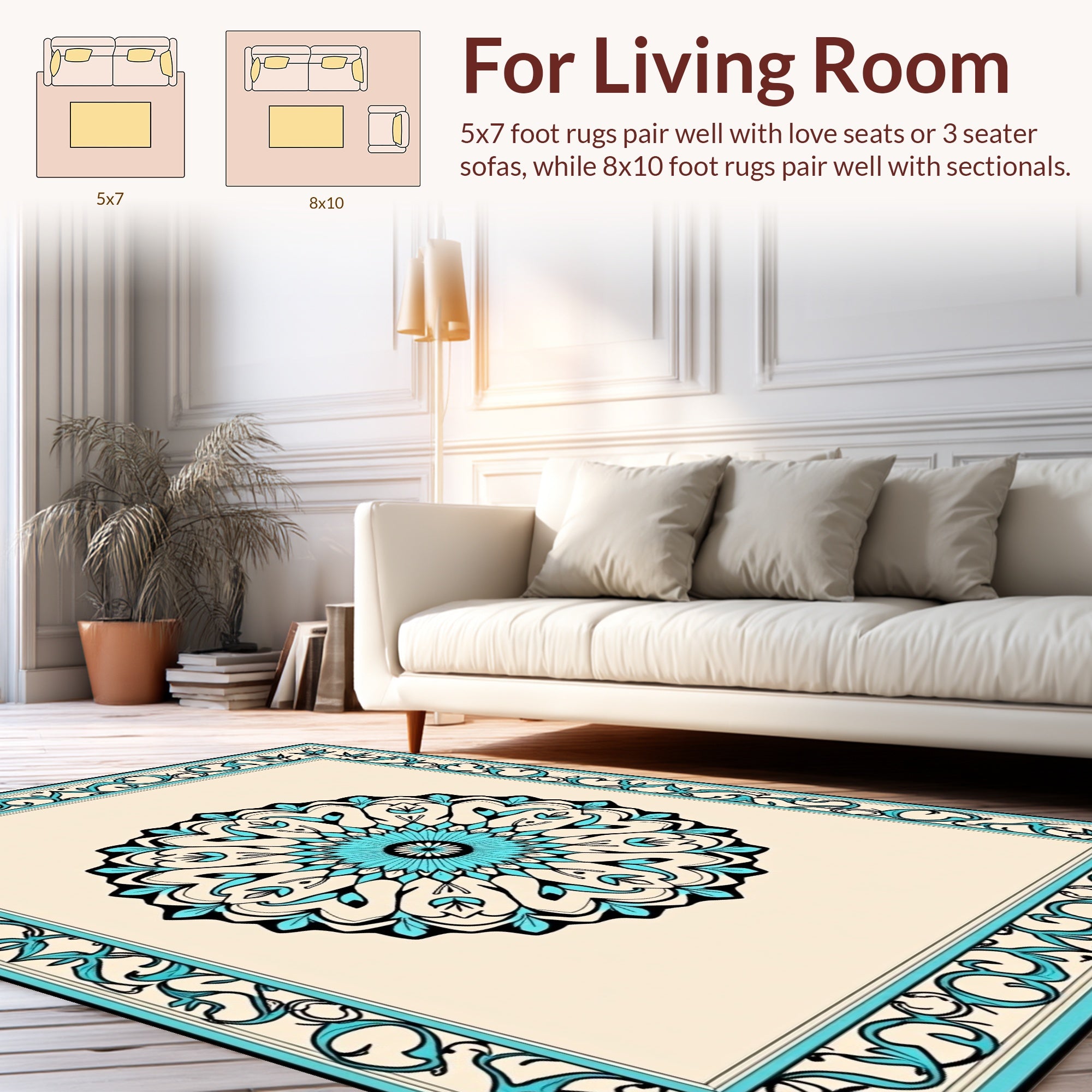 Intricate Cyan Mandala Border Design Rug