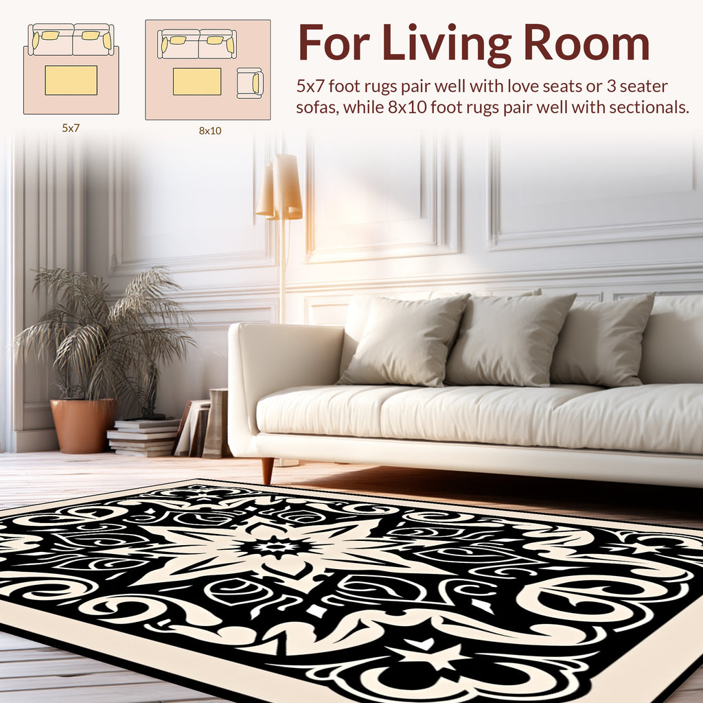 Classic Floral Scrollwork Black Beige Rug