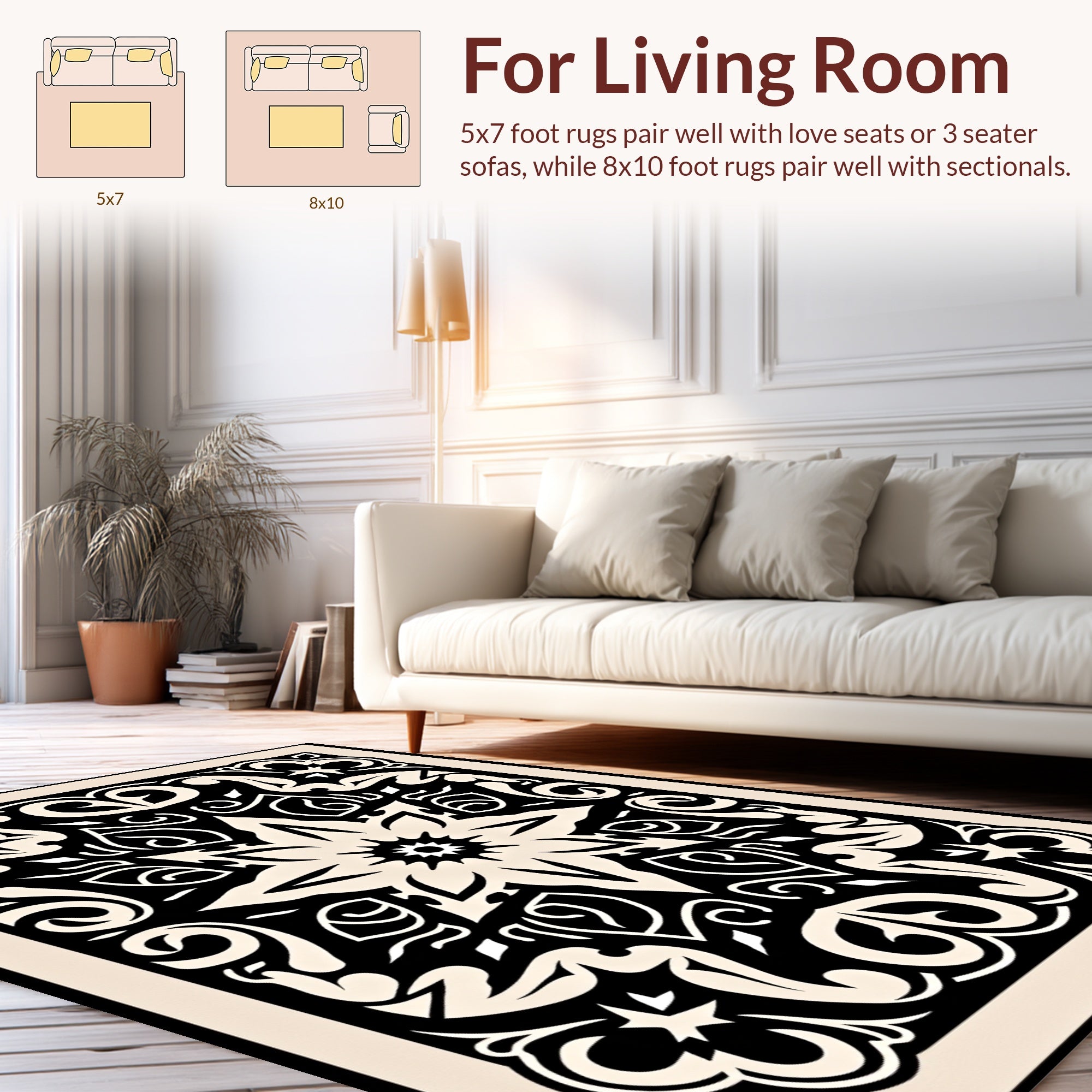 Classic Floral Scrollwork Black Beige Rug