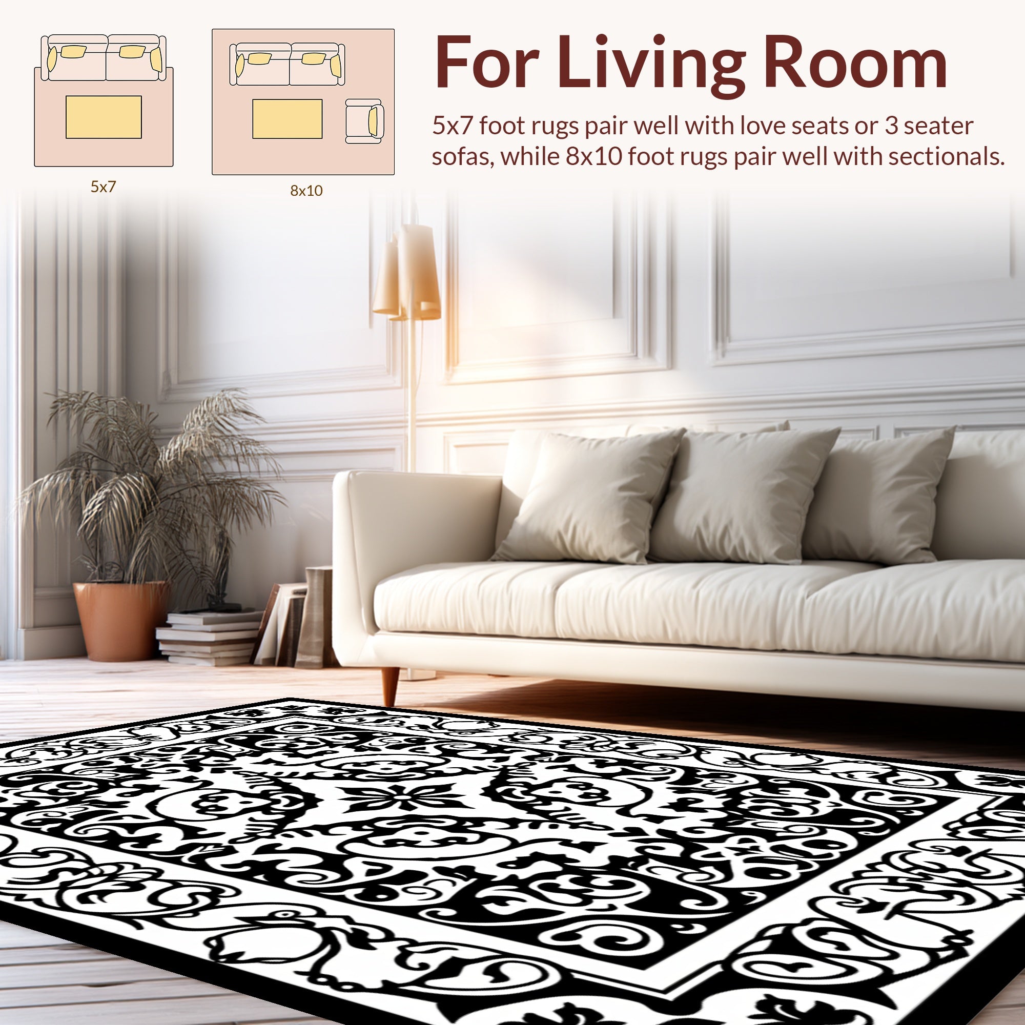 Black White Ornate Scroll Pattern Rug