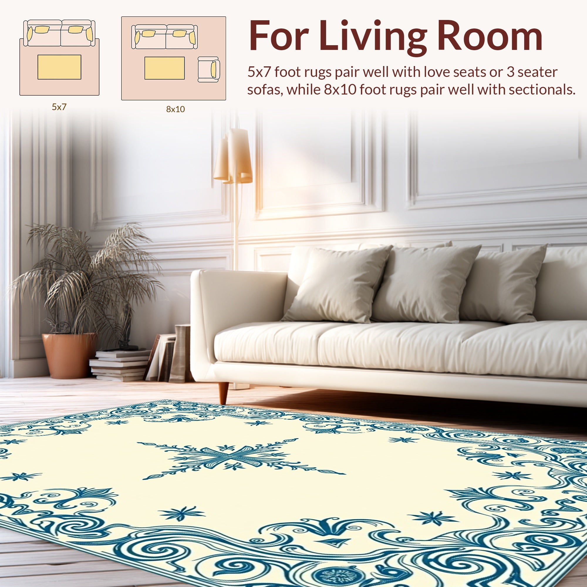 Ornate Blue Floral Swirl Pattern Rug