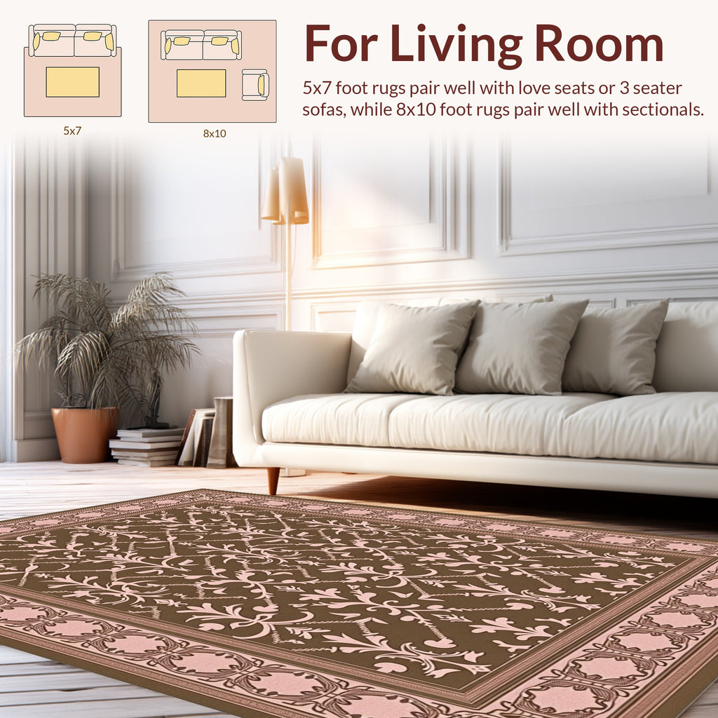 Traditional Damask Patterned Brown Pink Rug