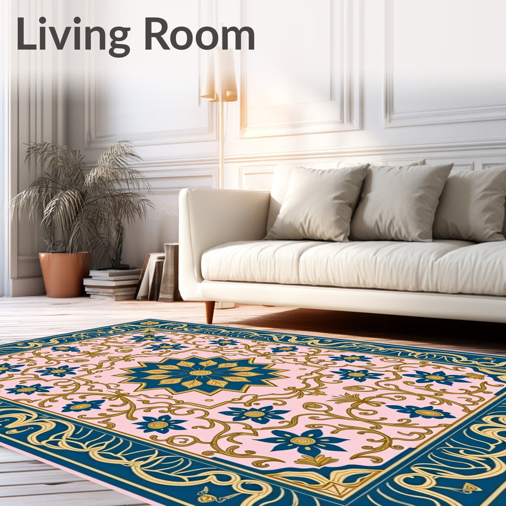 Teal Blue Floral Medallion Pink Rug