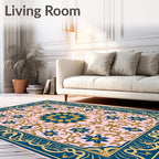 Teal Blue Floral Medallion Pink Rug